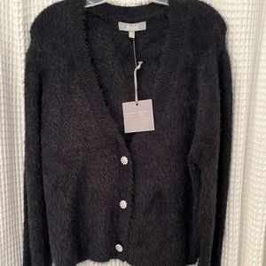 Marled Long Sleeve Button Front Black V-Neck Cardigan Sweater, XL, NWT